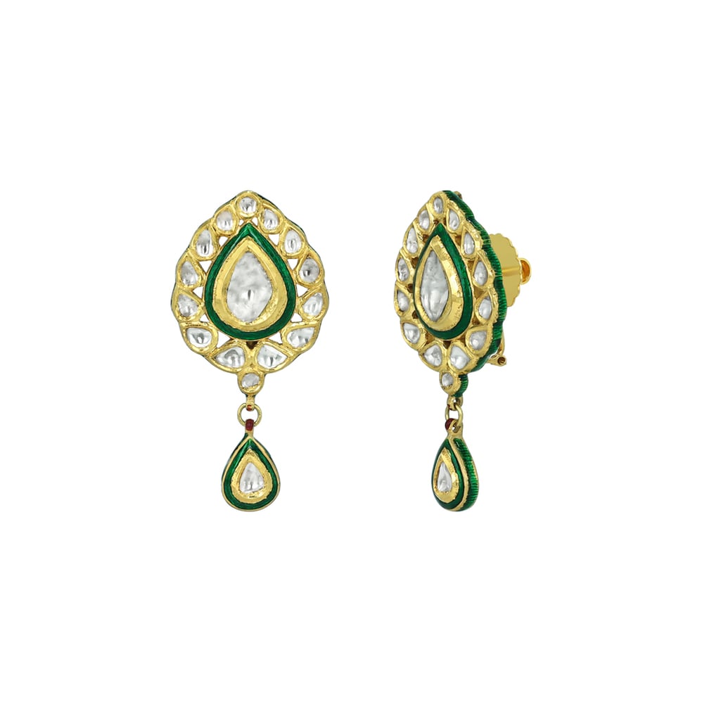Teardrop Polki Earrings with Green Enamel